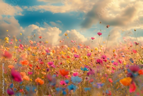 A vibrant field blooms with colorful flowers under a cloudy sky, showcasing natures beauty in full display