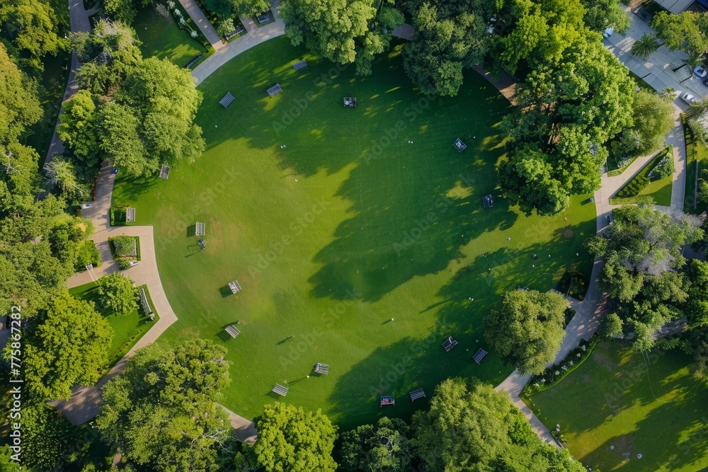 A birds eye view of a park filled with numerous trees creating a lush green canopy over open lawns, showcasing the park as a vital community gathering space