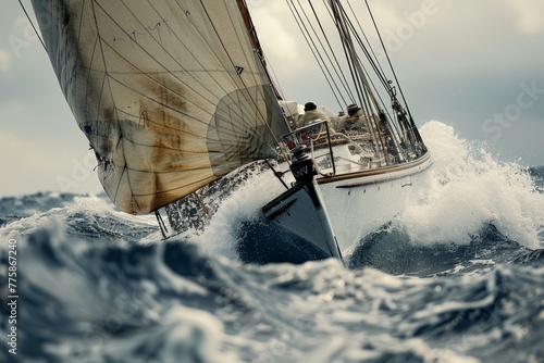 A sailboat maneuvering in the middle of a large water body, executing a sharp tack, showcasing its prowess and agility