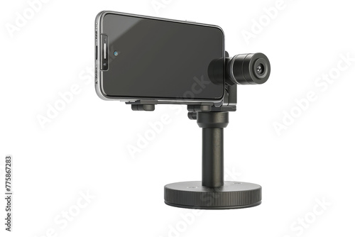 A smartphone mounted on a tripod captures a scene with a camera