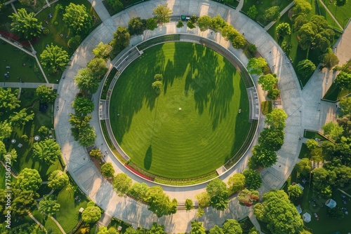 A view from above showing a circular lawn in a park, surrounded by trees and pathways