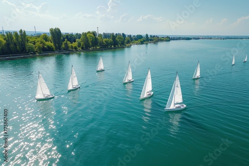 A group of sailboats floating gracefully on top of a lake, captured from a drones aerial view