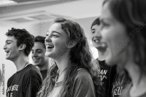 A diverse group of energetic young people standing side by side, engaged in conversation and laughter © Ilia Nesolenyi