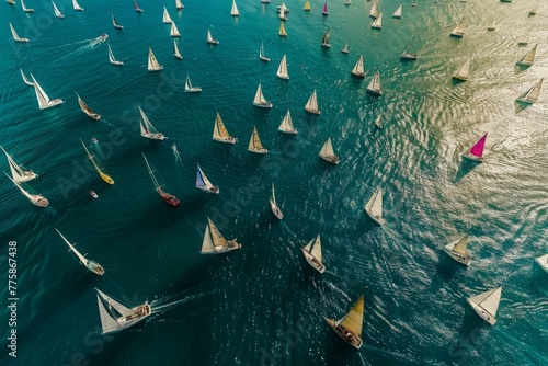 A large fleet of sailboats racing across the ocean in a regatta, captured from a drones aerial viewpoint photo