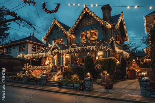 A house illuminated with colorful Christmas lights and decorations, creating a cheerful and festive atmosphere