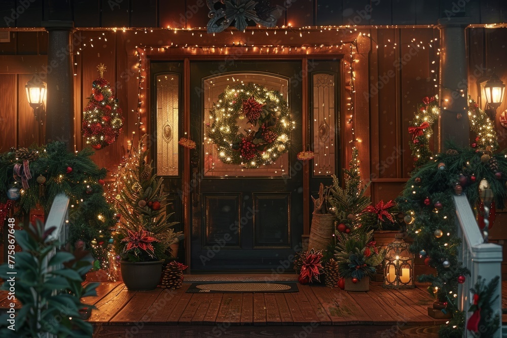A front door decorated with festive Christmas lights and wreaths, creating a warm and inviting atmosphere for the holiday season