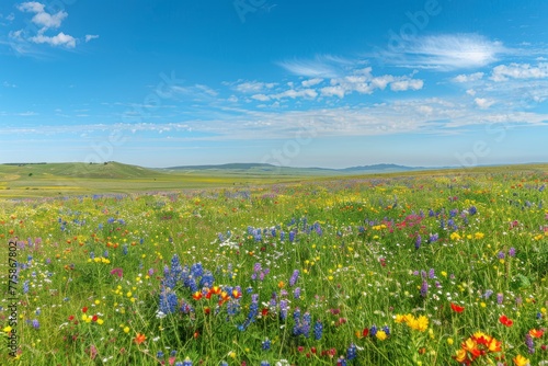 A field bursting with colorful wildflowers under a clear blue sky