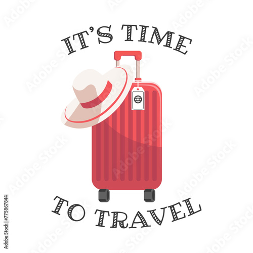 Time to travel calligraphy with travel suitcase and summer hat. Vacation and travel concept. Illustration. Vector © Tatiana