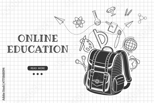 School backpack with various science icons on a checkered background. Education concept banner. Illustration. Vector