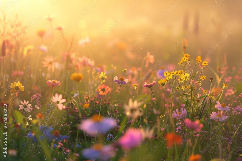 Sun shines brightly over a field of wildflowers during the golden hour of sunrise