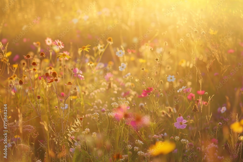 A field of wildflowers basking in the warm glow of sunrise, with the sun shining in the background