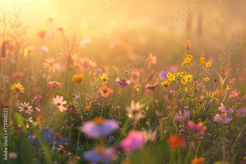 Sun shines brightly over a field of wildflowers during the golden hour of sunrise