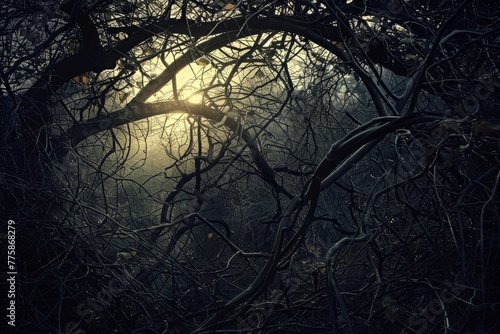 Sunlight filters through tree branches, casting intricate shadows and illuminating the foliage at dusk