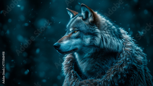 The regal wolf  draped in a fur-trimmed cloak  gazes into the moonlit forest. Its piercing eyes reflect ancient wisdom  while silver moonbeams dance upon its majestic silhouette  embodying strength an