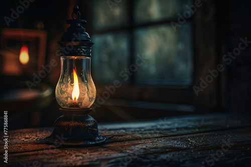 An antique oil lamp on a wooden table casts a warm glow, reminiscent of candlelit nights of old photo