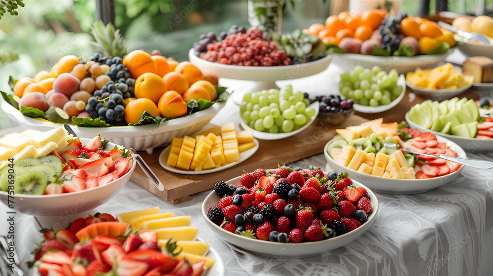 various fruits arranged on plates on a white table, juicy bright colours