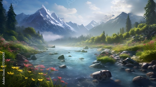 Panoramic view of a mountain river in a beautiful summer day