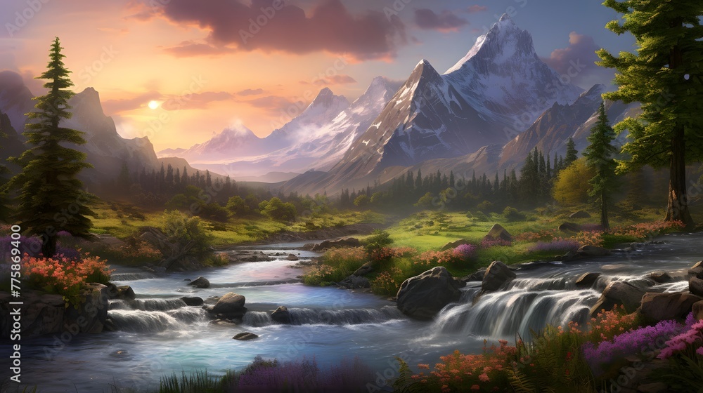 A panoramic shot of a mountain river in the forest at sunset