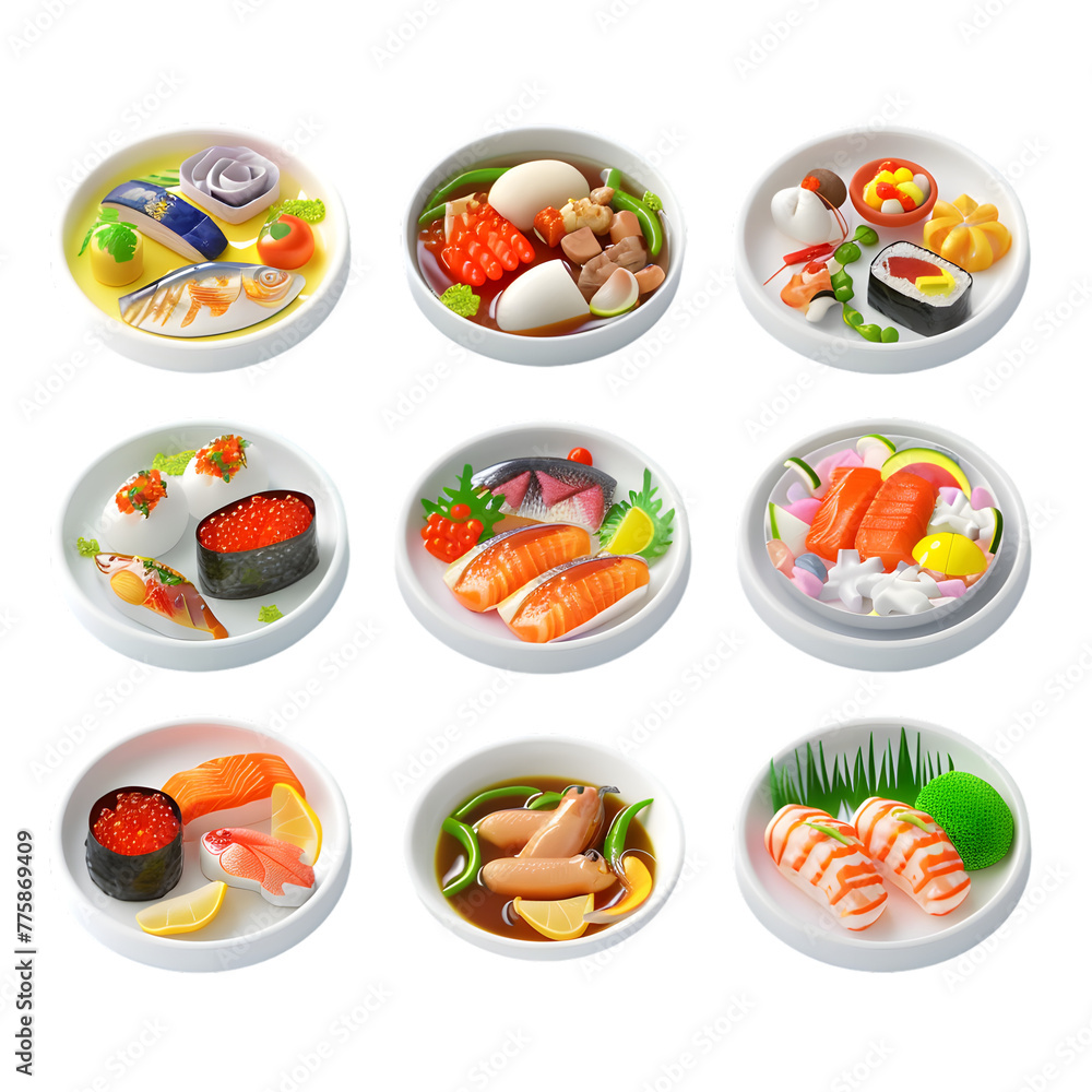 Colorful 3D Icon Sets of fish dishes, 3d rendering isolated on transparent background Colorful 3D Icon Sets of fish dishes, 3d rendering isolated on transparent background