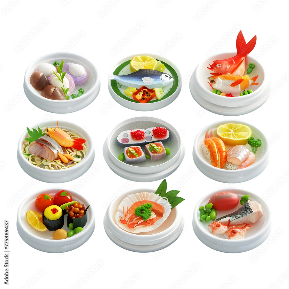 Colorful 3D Icon Sets of fish dishes, 3d rendering isolated on transparent background Colorful 3D Icon Sets of fish dishes, 3d rendering isolated on transparent background