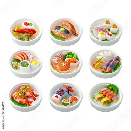 Colorful 3D Icon Sets of fish dishes, 3d rendering isolated on transparent background