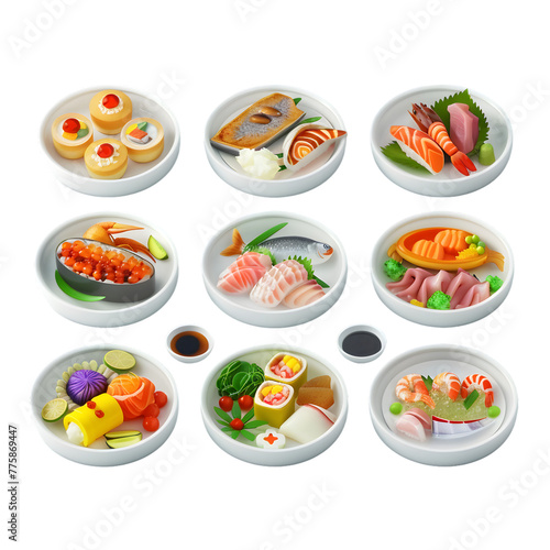 Colorful 3D Icon Sets of fish dishes, 3d rendering isolated on transparent background