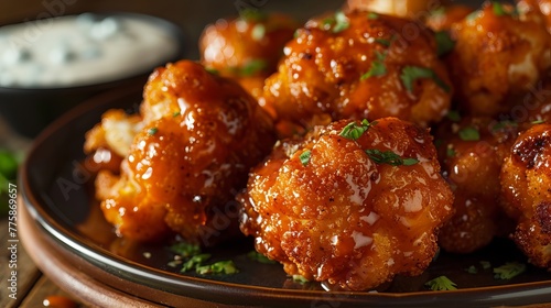 Appetizing Spicy Buffalo Cauliflower Bites Garnished with Green Onions, Served with Creamy Herb Dip on a Rustic Plate
