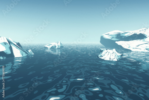 icebergs floating in the ocean, stylized 3d illustration landscape