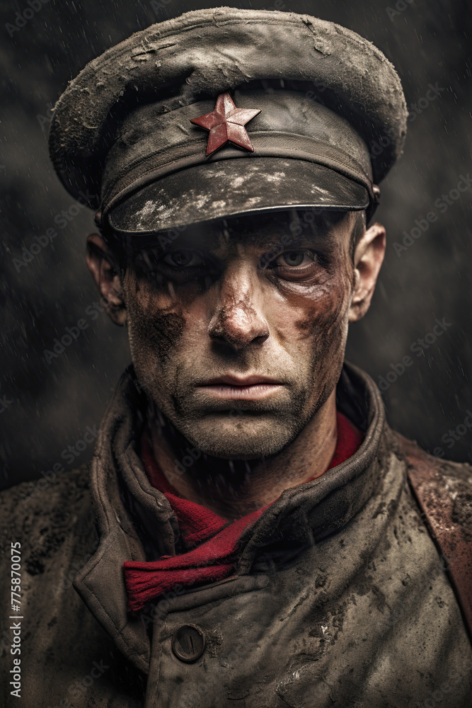 Soldier in world war 2 uniform. Partisan army. Portrait poster in style of vintage photography. Generative Ai Soldier in world war 2 uniform. Partisan army. Portrait poster in style of vintage photography. Generative Ai