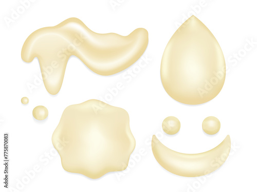 Set of condensed milk, white liquid, mayonnaise, sauce creamy or yogurt, Various shapes Vector illustration isolated on a white background.