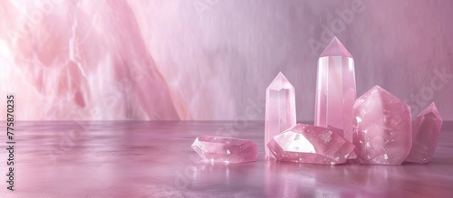 Pink crystals on a table with a pink background