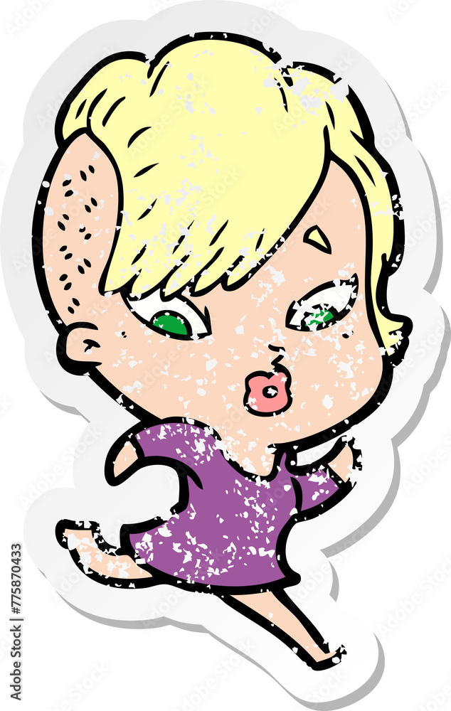 distressed sticker of a cartoon surprised girl distressed sticker of a cartoon surprised girl