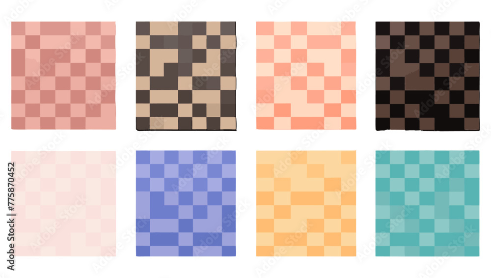 カラフルなトレンディなチェッカー ボードの正方形のシームレスなパターン コレクション。ヴィンテージのサイケデリックな y2k スタイルの幾何学的なパステル正方形の背景のセット。花柄、虹色、ハッピーフェイスのプリントが含まれています。