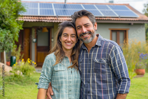 Happy adult married hispanic couple stands together in front of their sustainable house with solar energy panels on the roof of house.