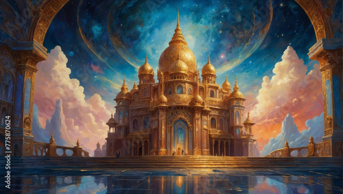 A dazzling galactic palace floats amidst swirling celestial clouds, its spires reaching towards distant stars.