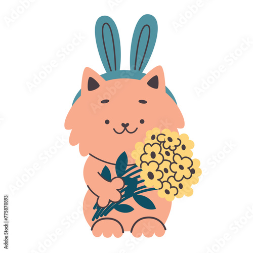 Cute cat with bunny ears and a bouquet of flowers.Simple flat vector cartoon illustration © Анна Безрукова