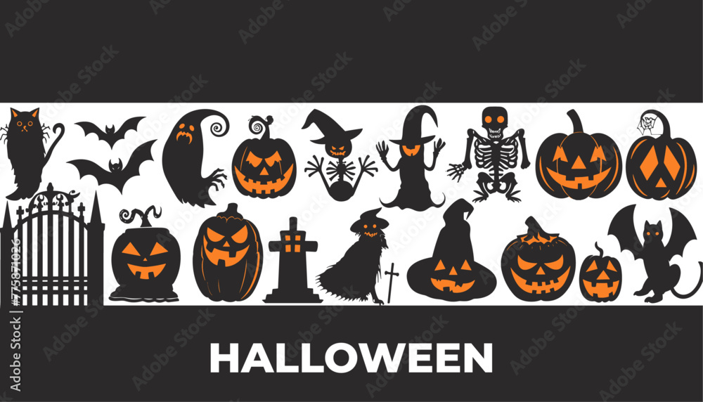 ハロウィーンのシルエット要素セット、ベクターの不気味なハッピーホリデーテキストキット、不気味な幽霊の形、スケルトン。笑顔のカボチャ、魔女の帽子、黒猫の墓地門の墓石の墓。ハロウィンブーイングのシルエットアイコン ハロウィーンのシルエット要素セット、ベクターの不気味なハッピーホリデーテキストキット、不気味な幽霊の形、スケルトン。笑顔のカボチャ、魔女の帽子、黒猫の墓地門の墓石の墓。ハロウィンブーイングのシルエットアイコン