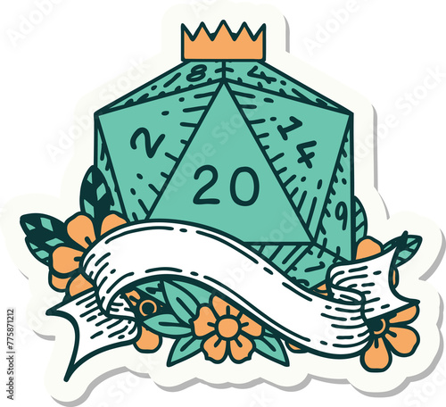 sticker of a natural twenty D20 dice roll