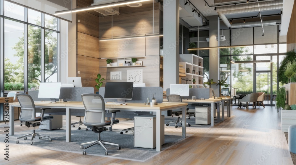 Fototapeta premium Busy Office Space With Desks and Chairs