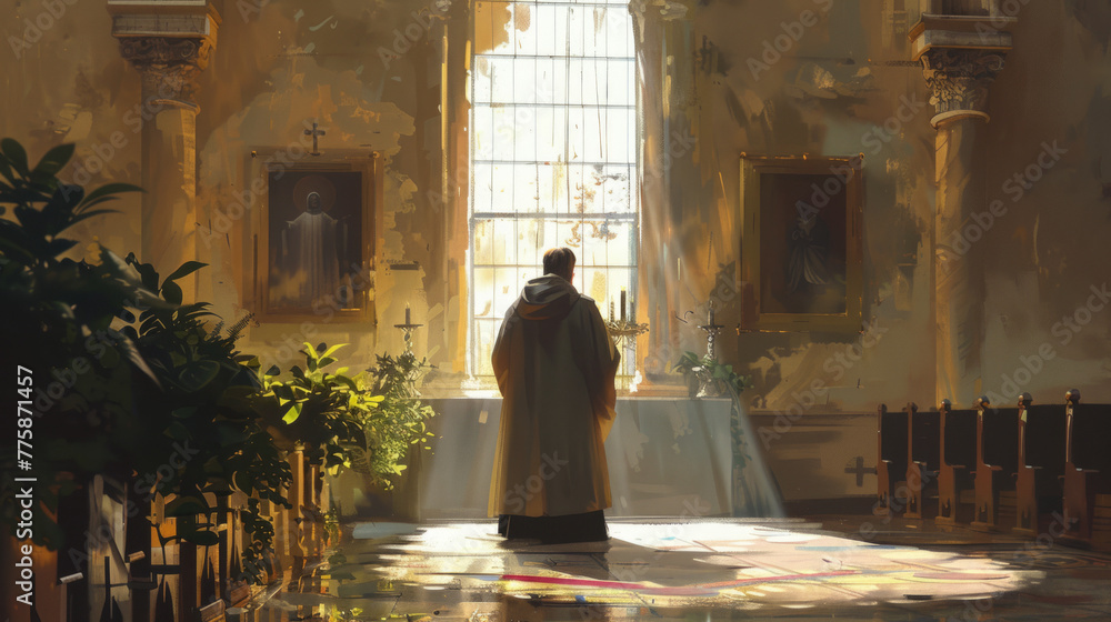 In a serene church setting, a priest in a brown robe contemplates icons illuminated by beams of light