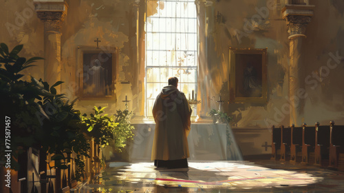 In a serene church setting, a priest in a brown robe contemplates icons illuminated by beams of light © nopommajun