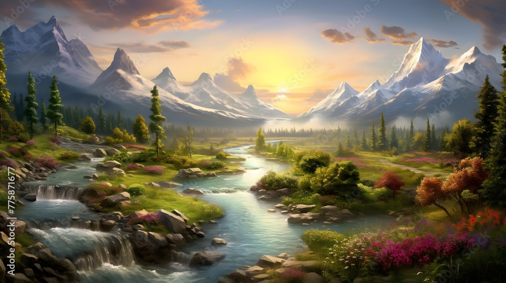 Beautiful panoramic landscape with mountain river and forest at sunset