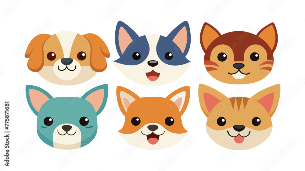 Pet different style of head collection set isolated flat animal pro vector set on white background.