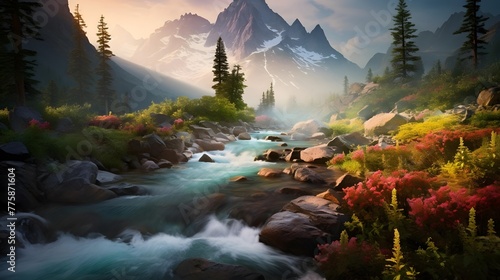Beautiful mountain landscape with a river in the foreground. Panorama
