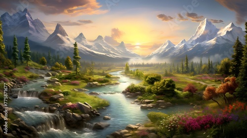 Beautiful panoramic landscape with mountain river and forest at sunset © Iman