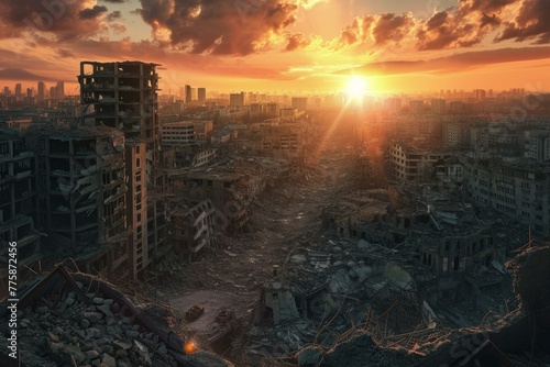 Deserted Apocalyptic city. Ruin war disaster. Generate Ai