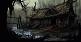 inside the The Swamp Witch's house, gritty, rough, sketch