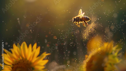 A dynamic scene capturing the moment a bee lands on a sunflower, with pollen visibly dusting its legs.