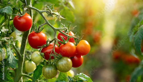 Ripe red tomatoes on green bush in greenhouse. Organic agriculture. Natural, healthy garden food