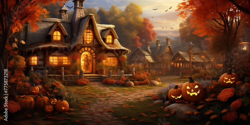  A quaint village square adorned with bales of hay, scarecrows, and cornucopias overflowing with fall harvest .